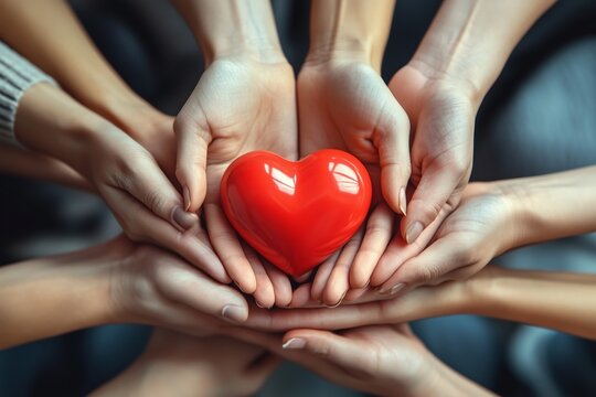 A Group of Diverse Hands Holding a Bright Red Heart in Unity and Compassion