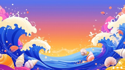 Vibrant Ocean Waves and Colorful Seashells with Sunset Background