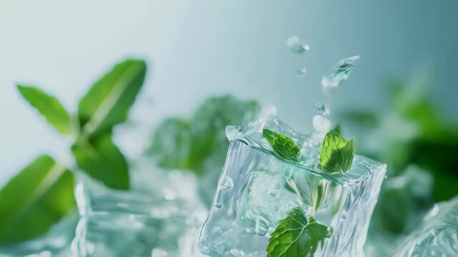Closeup of several ice cubes with fresh mint leaves splashing into water, creating a refreshing scene. Clear water droplets are scattered, highlighting the fresh, cool theme. Ideal for hot summer
