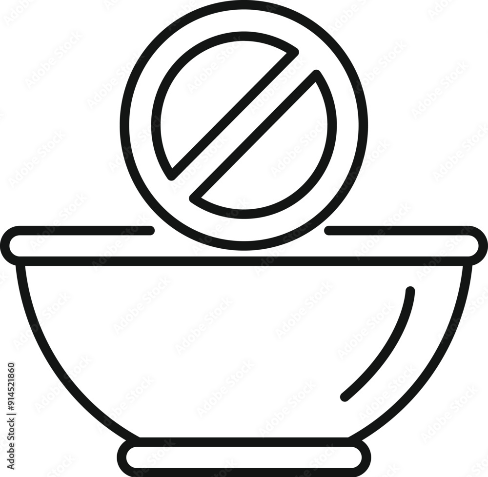 Poster line icon of a bowl with a forbidden symbol, representing the concept of forbidden food