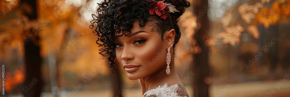 Wall mural african american woman neon hair, tattoos, wearing wedding dress, autumn park background