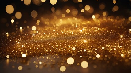 Close-up, abstract photograph featuring a shimmering, golden bokeh effect. The layout is horizontal, with a focus on the foreground where numerous small, circular light spots create a sparkling, glitt