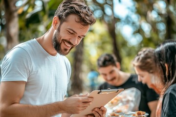 Fototapeta premium Young Man Smiling While Reviewing Clipboards at Outdoor Gathering With Friends in a Green Park Setting
