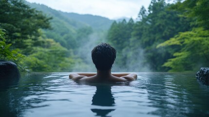 Fototapeta premium Serene Man Relaxing in Outdoor Onsen with Panoramic Nature View and Gentle Steam