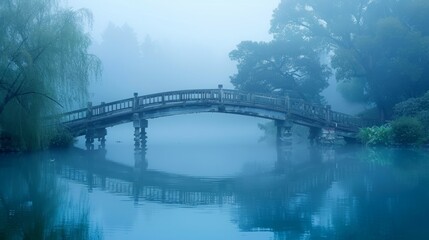 picturesque bridge arching gracefully over a tranquil lake.