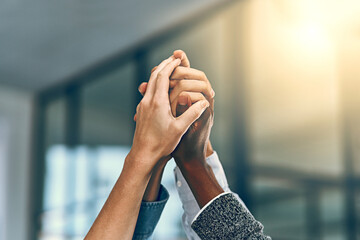 Group, business people and hands in office for diversity, inclusion and acceptance for equal...