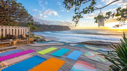 Fototapeta premium Serene Sunrise Yoga Session by the Ocean with Colorful Mats and Scenic Coastal View