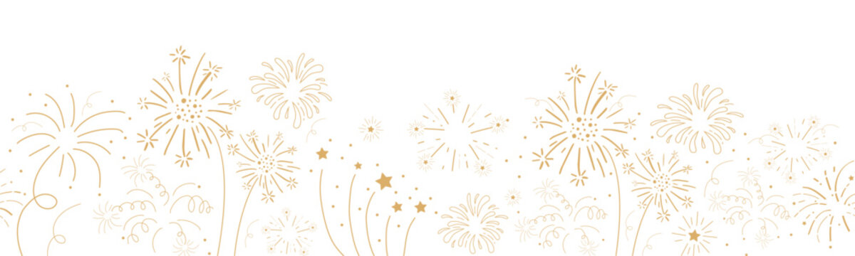 Fireworks festive explosion golden bursts, sparks in doodle style seamless pattern border. Holiday celebration decoration. 