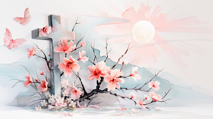 Christian cross decorated with delicate pink flowers butterflies and sunrise in the background perfect for Easter themes faith hope and resurrection concepts