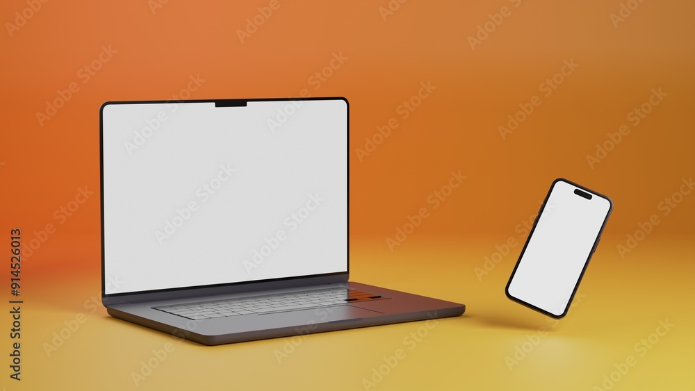Poster laptop and smartphone isolated on yellow and orange gradient background. 3d rendering of laptop with