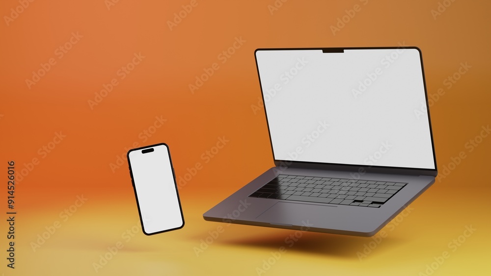 Fototapete flying laptop and smartphone isolated on yellow and orange gradient background. 3d rendering of lapt