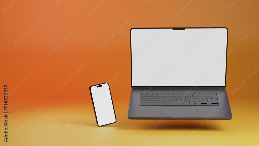 Aufkleber laptop and smartphone isolated on yellow and orange gradient background. 3d rendering of laptop with
