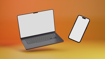 Falling laptop and smartphone isolated on beautiful yellow and orange gradient background. 3D rendering of flying laptop and phone
