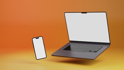 Flying laptop and smartphone isolated on yellow and orange gradient background. 3D rendering of laptop with copy space. Side view of notebook and phone