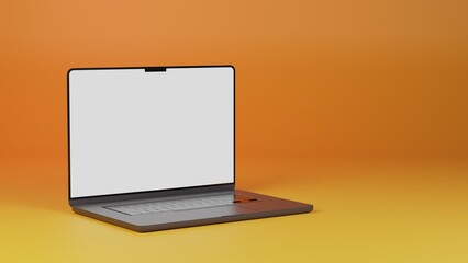 Laptop isolated on yellow and orange gradient background. 3D rendering of mockup laptop white screen