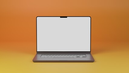Laptop isolated on yellow and orange gradient background. 3D rendering of laptop.