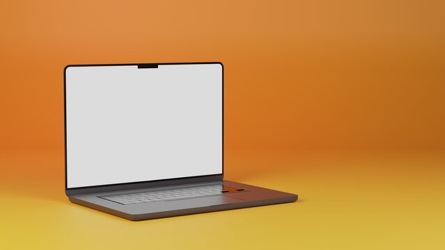 Laptop isolated on yellow and orange gradient background. 3D rendering of mockup laptop white screen