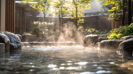 Fototapeta premium Serene Japanese Onsen Bath Oasis with Natural Stones in Steaming Water for Relaxation and Tranquility