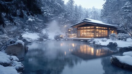 Fototapeta premium Tranquil Onsen Retreat: Relaxing Soak in Steaming Hot Springs Amidst Snowy Winter Wonderland
