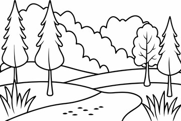 A serene forest clearing with a small stream line art vector illustration