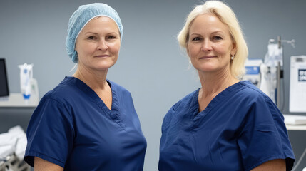 Fototapeta premium Two nurses stand confidently in hospital attire and hairnets within a clinical setting, representing the core values of hygiene, readiness, and professional health services.