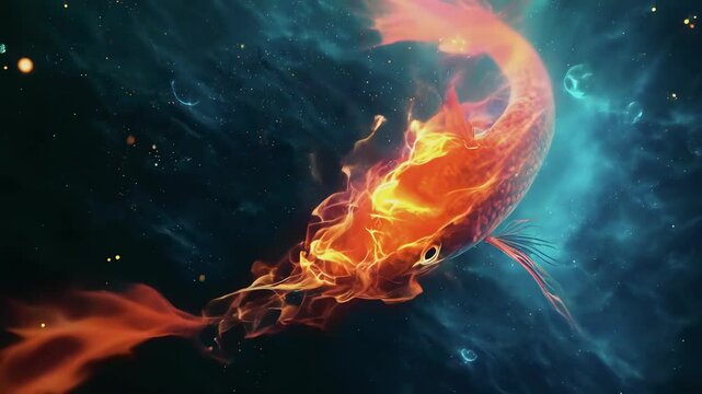 A mesmerizing fiery fish swims gracefully through a starry cosmic background. The ethereal scene captures the magnificent and otherworldly nature of this celestial marine creature, filling the frame