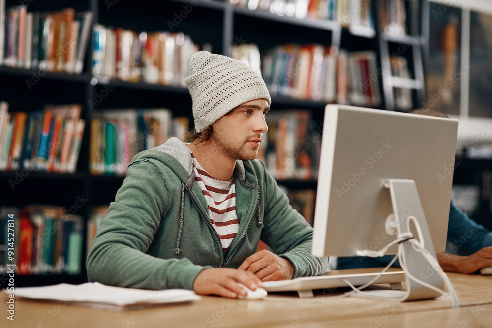 Poster Student, computer and research in college library for programming course, exam and information technology. Classroom, man and learning in university for education, app development and school project