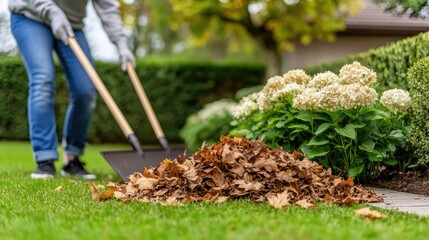 A man carefully rakes a colorful pile of autumn leaves in a tranquil park, enjoying outdoor work on a crisp fall day