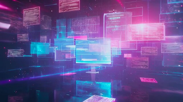 A futuristic digital interface showcases floating screens and data visualizations in vibrant colors. Glowing holographic elements enhance a high-tech ambiance. The setting suggests a modern, advanced