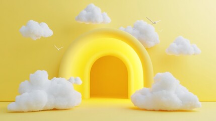 Yellow archway with clouds and seagulls in the sky.