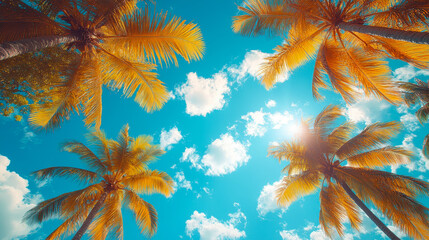 Vintage Style Tropical Palm Trees Against Blue Sky with Clouds, Summer Beach Travel Concept, Vibrant Sunshine and Relaxation