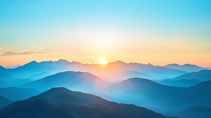 Fototapeta premium Golden sunrise paints misty mountain peaks with vibrant hues, casting long shadows through a tranquil valley