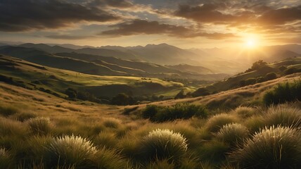 a breathtaking view of rolling green hills under a dramatic sky at sunset. 