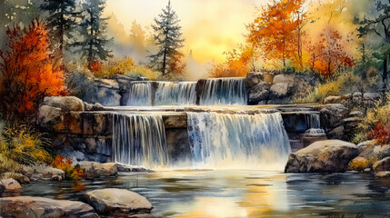 Serene Autumn Waterfall Landscape in Watercolor with Vibrant Foliage and Cascading Streams at Sunset