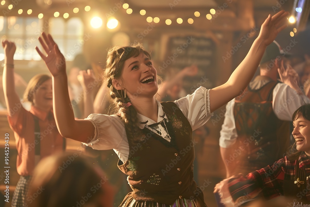 Wall mural Oktoberfest waitress having fun and dancing at a beer festival event wearing a traditional costume