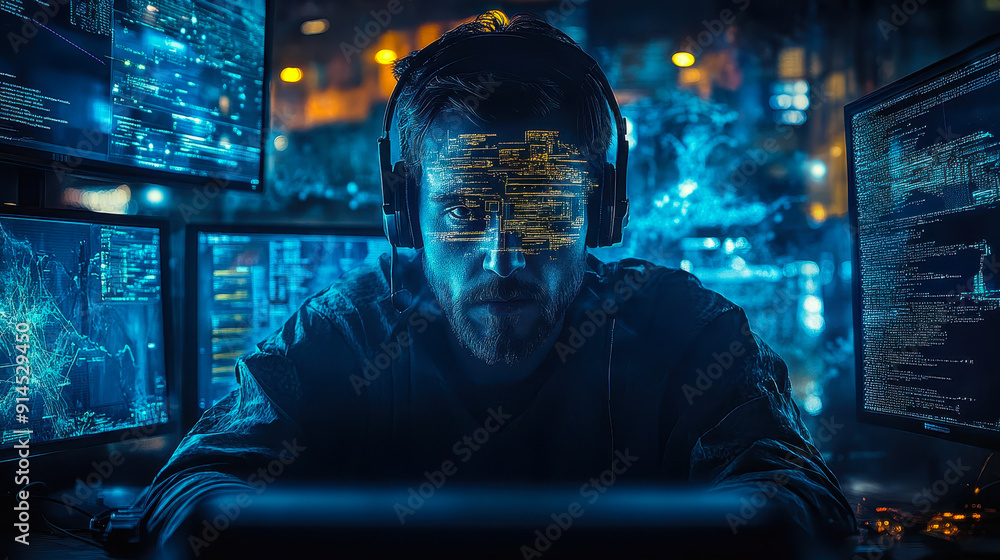 Poster cybersecurity expert monitoring networks at night with multiple screens and data visualization in a 