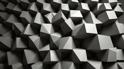 Monochromatic Abstract Geometric 3D Pattern with Angular Cubes and Shadows in Gray Tones