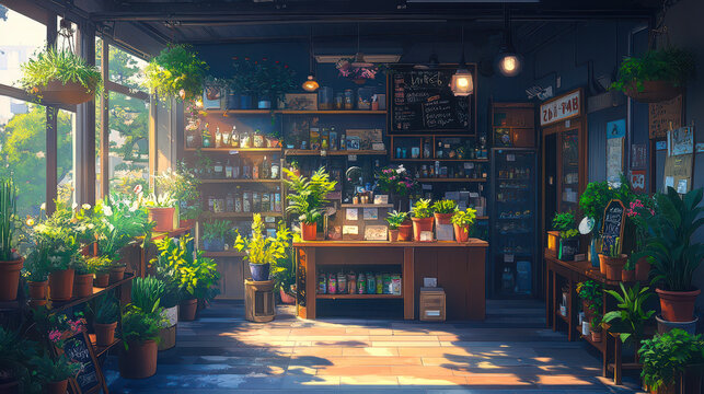 Anime Plant Shop Interior with Bright Daylight, Greenery, Cozy Ambiance, Potted Plants, Shelves, Counters, Retail Space, Relaxing Mood