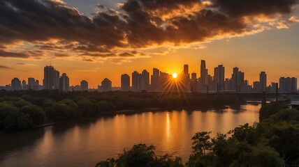 Obraz premium a city skyline at sunset. The image features a river in the foreground with lush green trees on both sides.