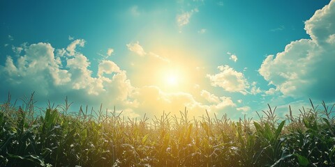 Obraz premium Serene Landscape of a Corn Field with a Sunlit Sky, Perfect for Summer or Harvest Themes Generative AI