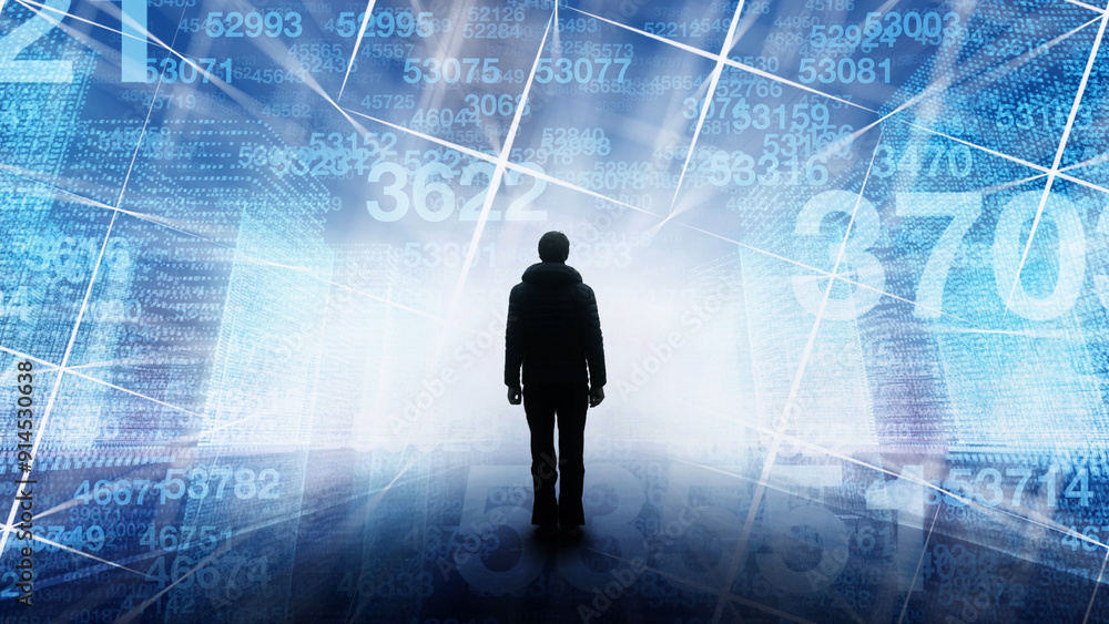 Poster a man silhouette standing in digital technology cyberspace city network with random data numbers ill