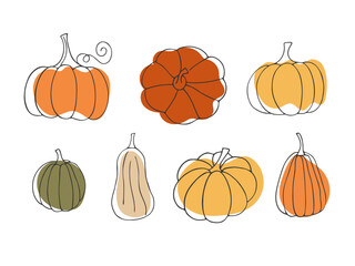 Outline drawn pumpkin set. Autumn vegetable for Halloween Thanksgiving Harves festival. Simple modern doodle icon. Cooking organic healthy ingredient. Vegetarian food. Design element