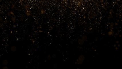 Golden glitter particles falling down on clean black copy space illustration background.	
