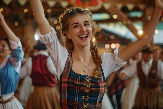 Oktoberfest waitress having fun and dancing at a beer festival event wearing a traditional costume