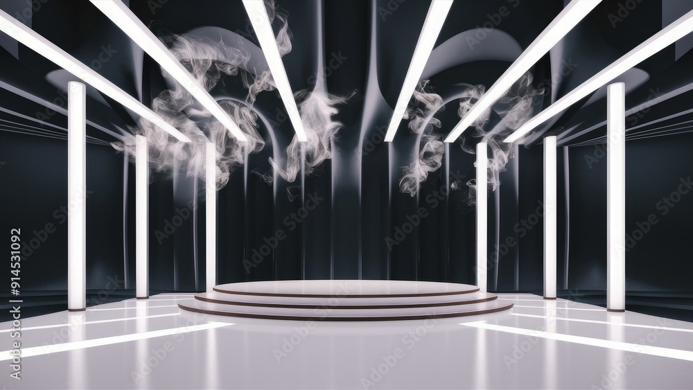 Poster empty stage with directional white lighting and floating smoke on a transparent background ideal for