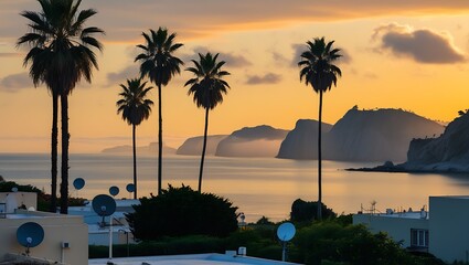 Obraz premium Landscape photograph taken during sunset, featuring a coastal scene with a calm ocean and a cliffside in the background. 
