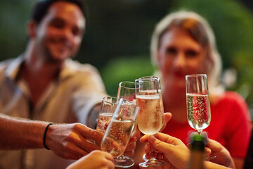 Alcohol, hands and toast with people outdoor in garden of home for celebration or social gathering...