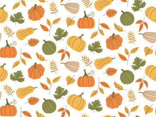 Cute autumn seamless pattern with leaves and pumpkins. Falling leaf. Thanksgiving day harvest festival background. Doodle hand drawn autumn elements. Pattern for cover, banner, wallpaper, fabric print