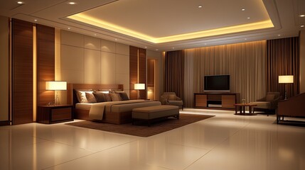 This modern bedroom showcases a plush bed with beige fabric headboard, wooden frame, and inviting lighting, complemented by wooden shelves and a nightstand