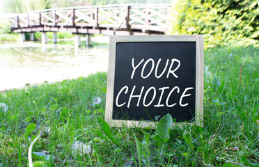 Your Choice symbol. Concept words Your Choice on black chalk background. Beautiful meadow background with bridge . Business and Your Choice concept. Copy space.